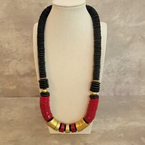 Vintage Wood Bead Necklace Chunky Statement Tube 13 Inch Jewelry Bold Retro